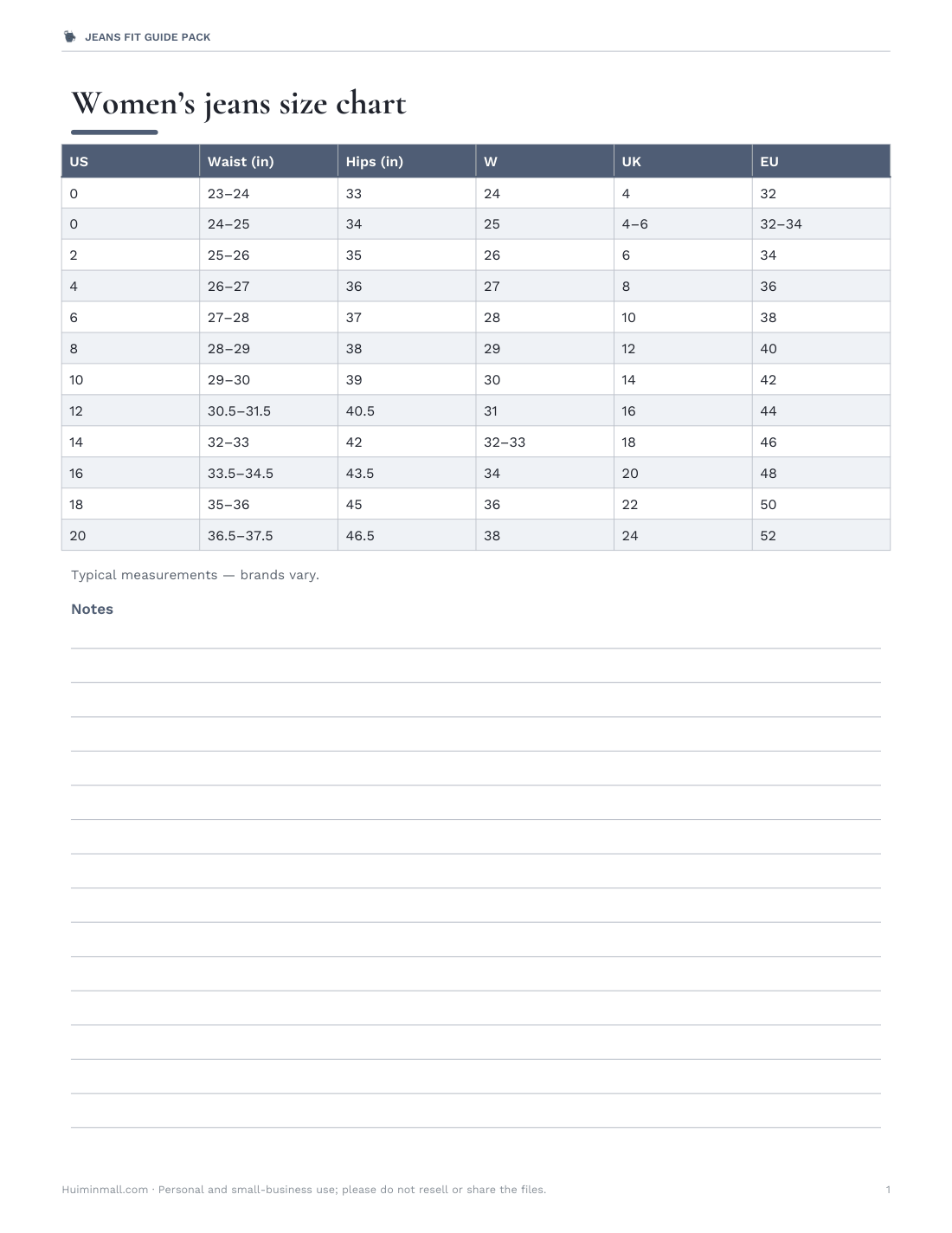 Preview of the first page of Size chart (PDF/XLSX)