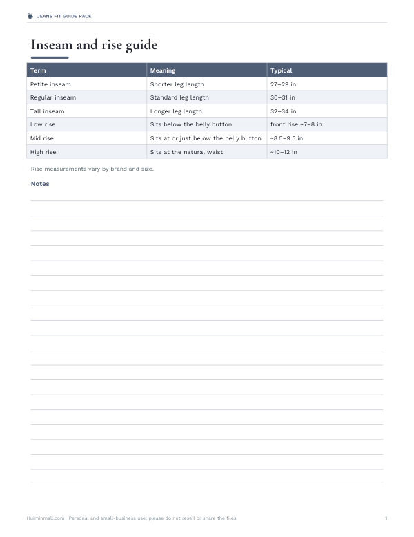 Preview of Printable Jeans Inseam and Rise Guide