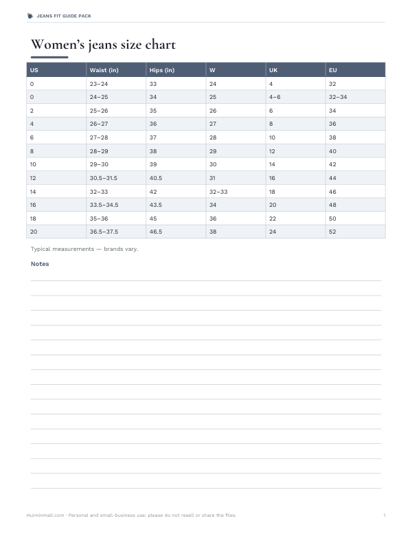 Preview of Printable Women’s Jeans Size Chart